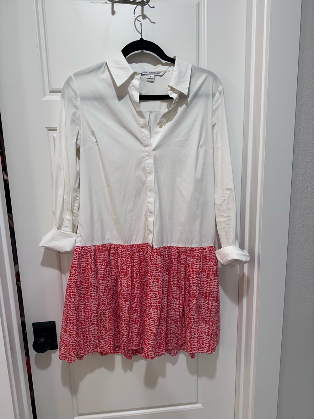 Diane Von Furstenberg White and Red Two-Tone Shirt Dress